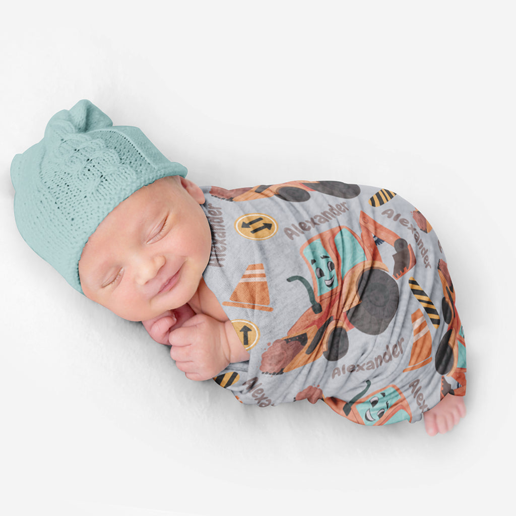 PERSONALIZED CUTE BACKHOE SWADDLE BLANKET