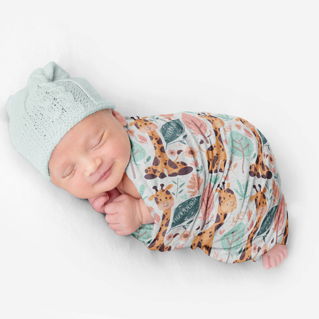 PERSONALIZED CUTE GIRAFFE SWADDLE BLANKET
