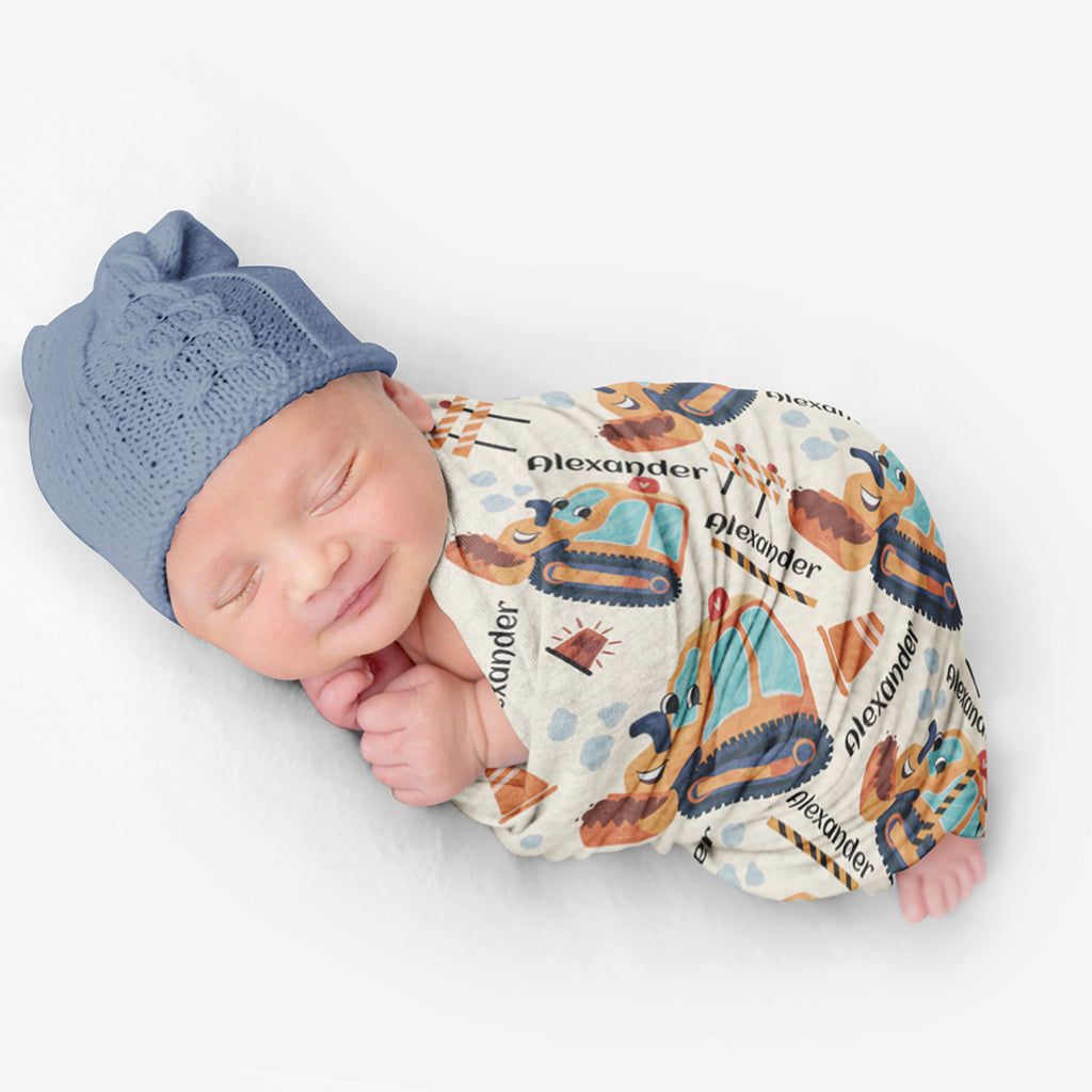 PERSONALIZED CUTE BULLDOZER SWADDLE BLANKET