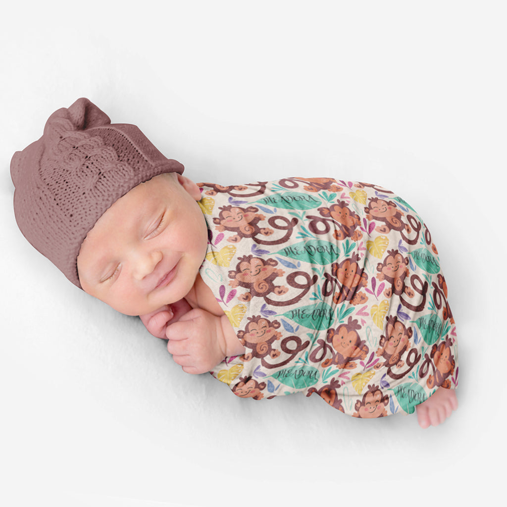 PERSONALIZED CUTE MONKEY SWADDLE BLANKET