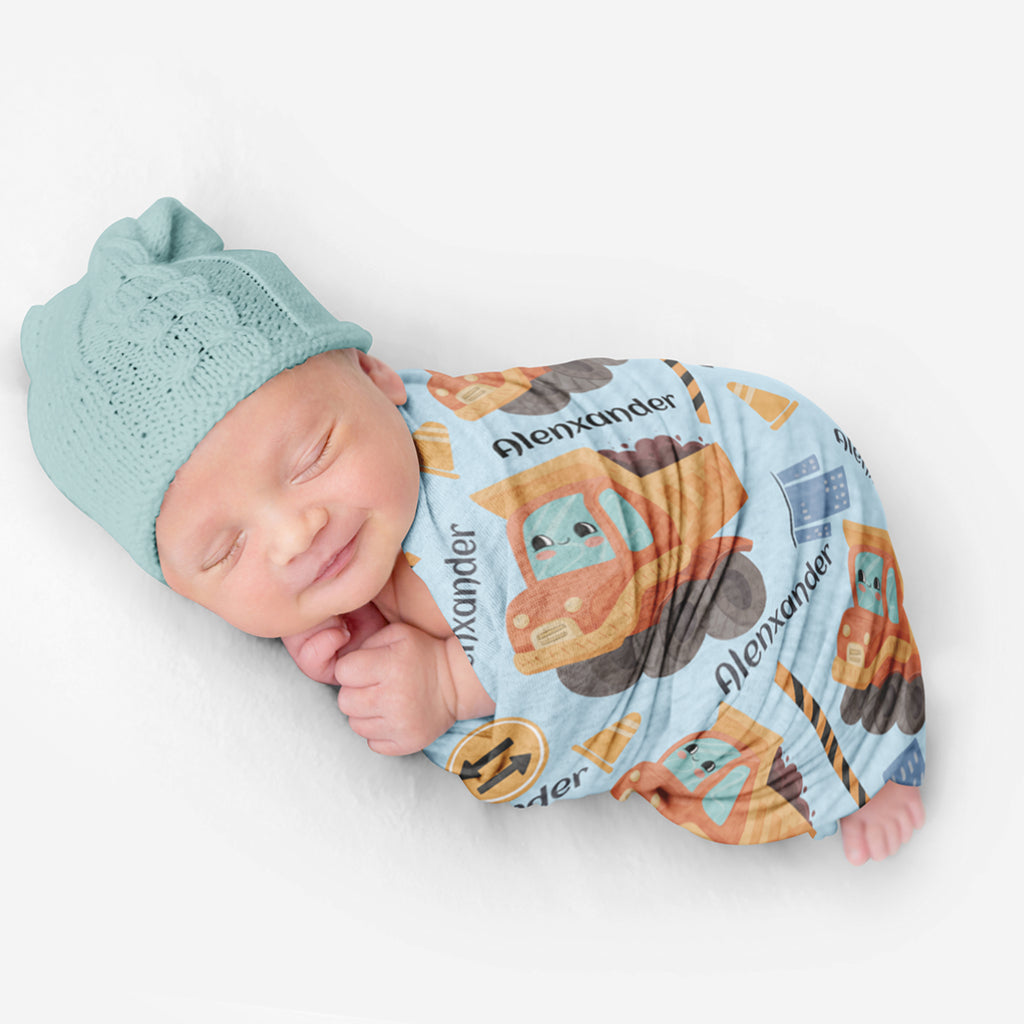 PERSONALIZED CUTE DUMP TRUCK SWADDLE BLANKET