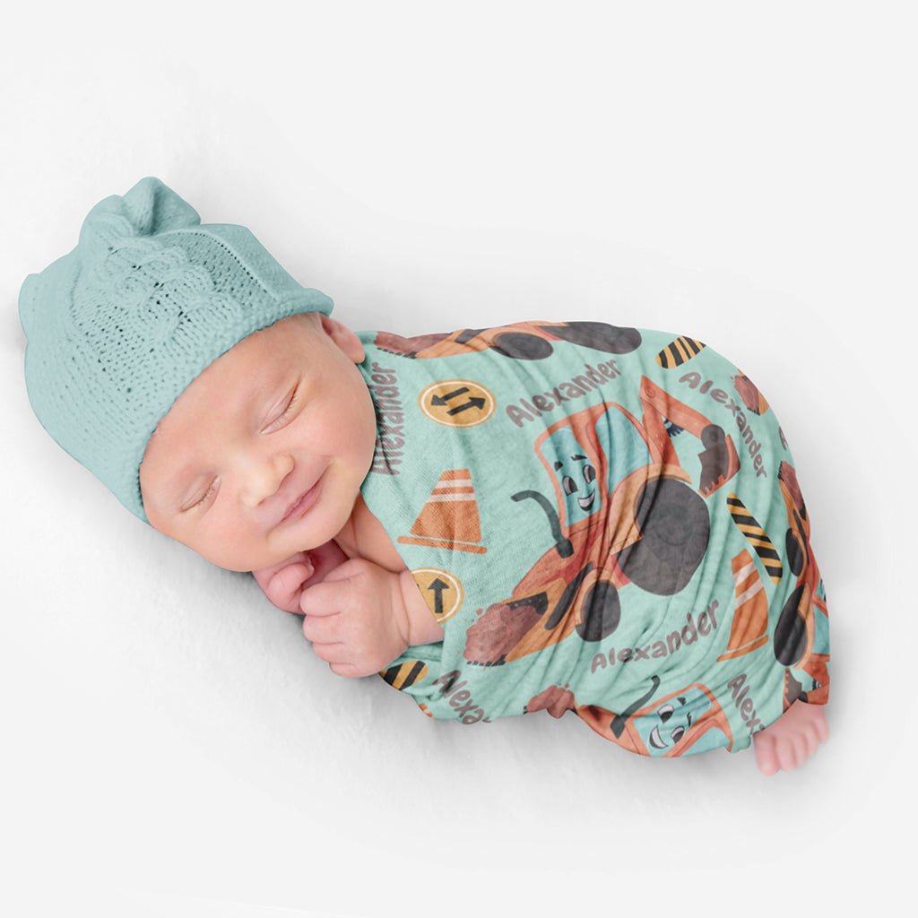 PERSONALIZED CUTE BACKHOE SWADDLE BLANKET