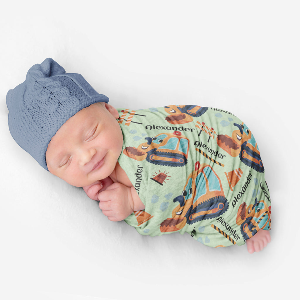 PERSONALIZED CUTE BULLDOZER SWADDLE BLANKET