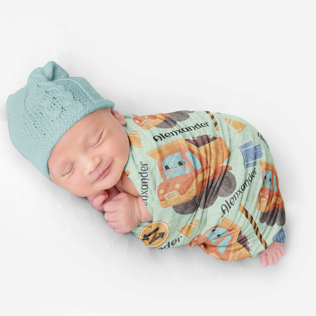PERSONALIZED CUTE DUMP TRUCK SWADDLE BLANKET