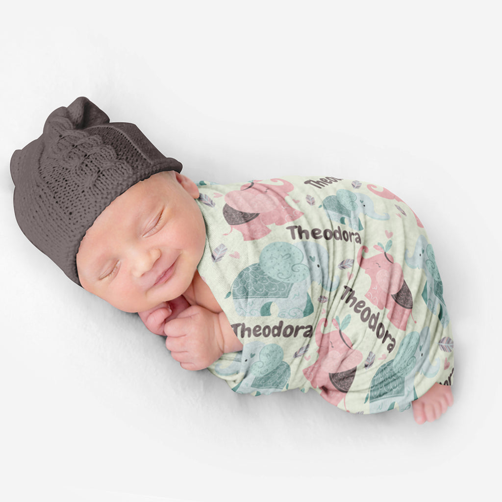 PERSONALIZED CUTE ELEPHANT SWADDLE BLANKET