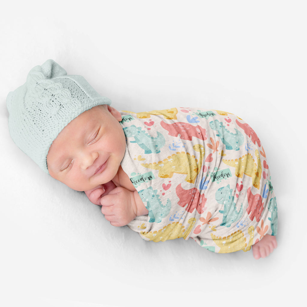 PERSONALIZED CUTE DINOSAUR SWADDLE BLANKET