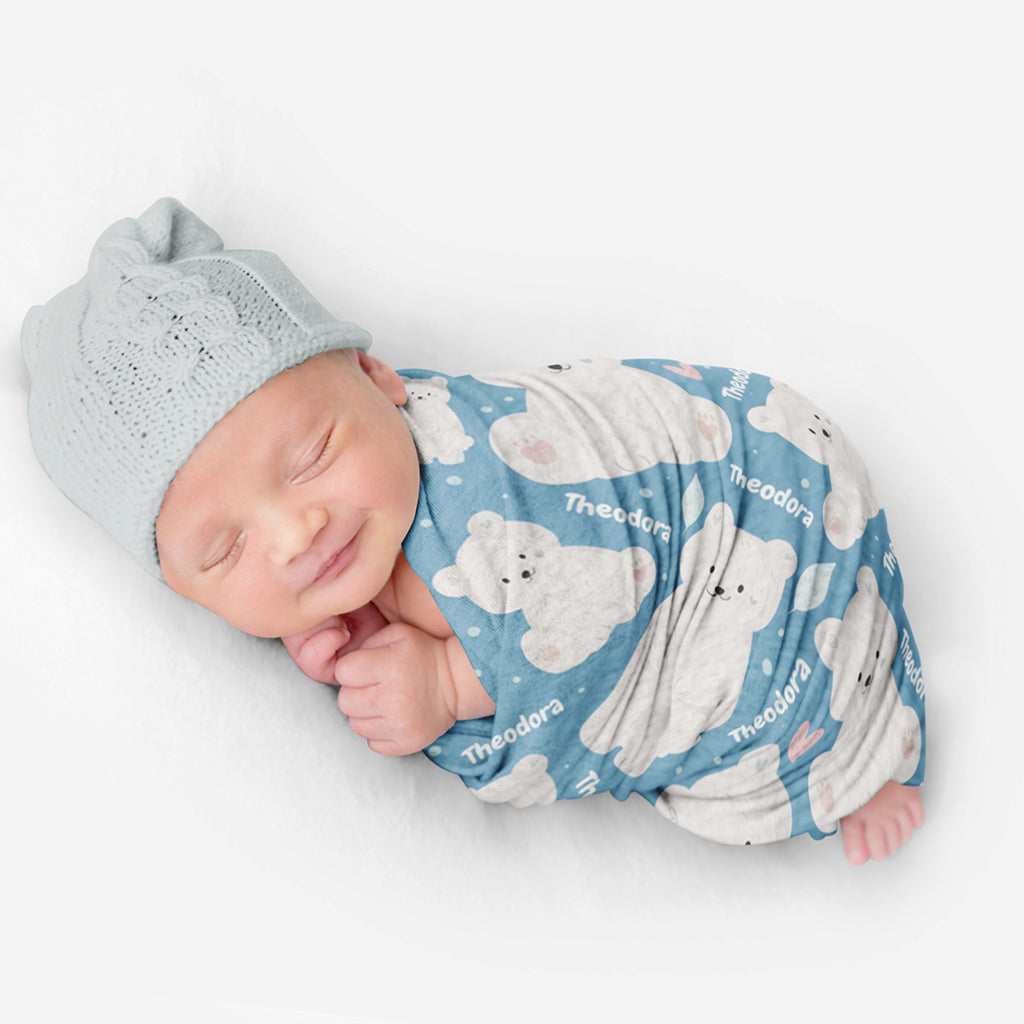 PERSONALIZED CUTE POLAR BEAR SWADDLE BLANKET