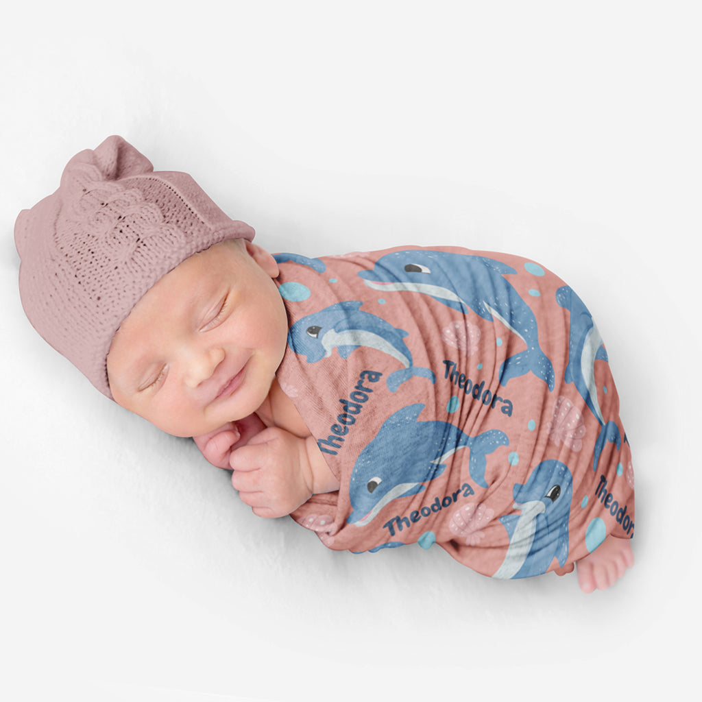 PERSONALIZED CUTE DOLPHIN SWADDLE BLANKET