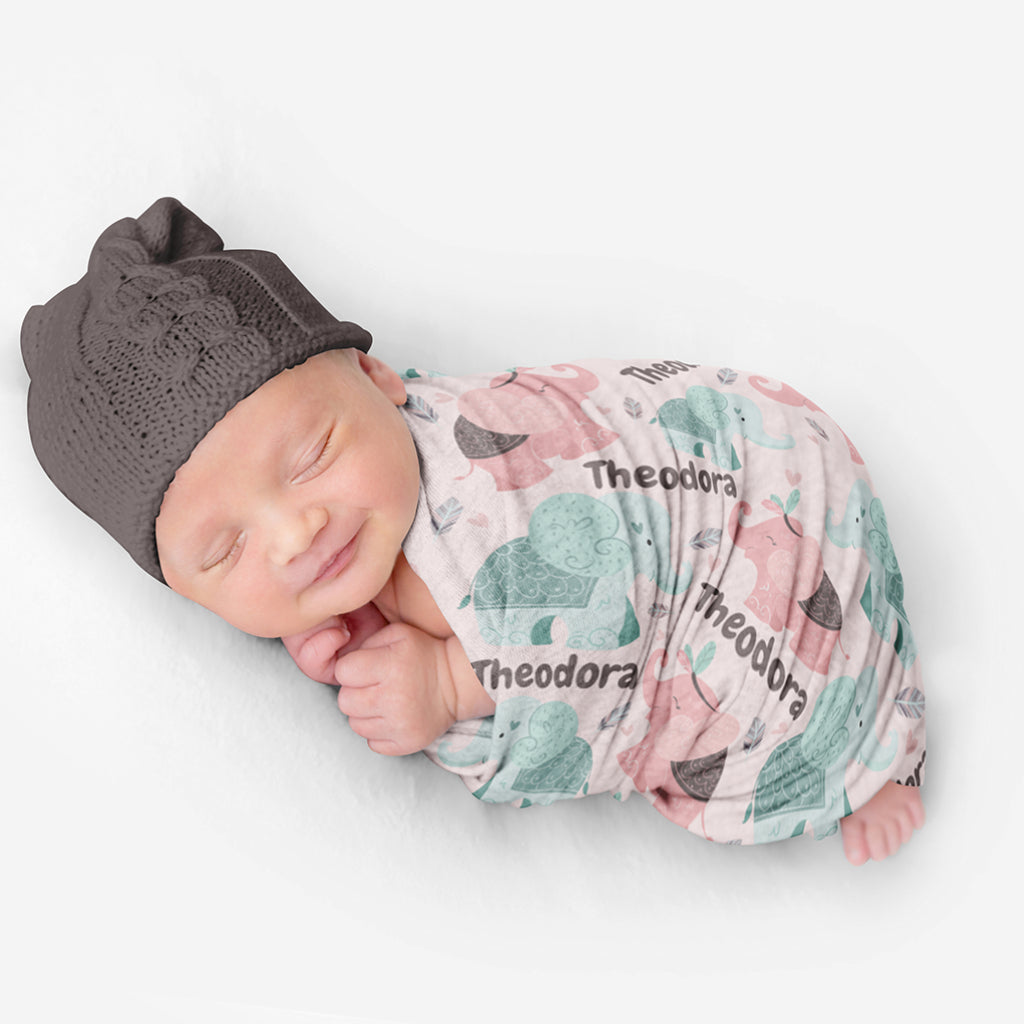PERSONALIZED CUTE ELEPHANT SWADDLE BLANKET