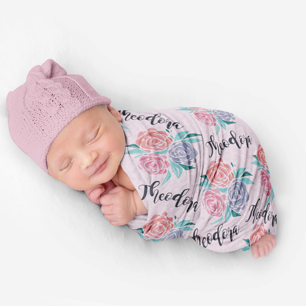 PERSONALIZED CUTE ROSES SWADDLE BLANKET