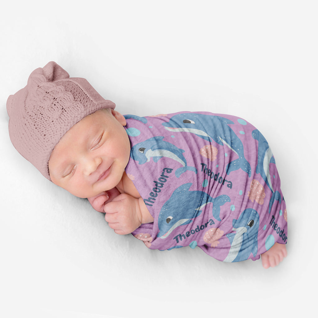 PERSONALIZED CUTE DOLPHIN SWADDLE BLANKET