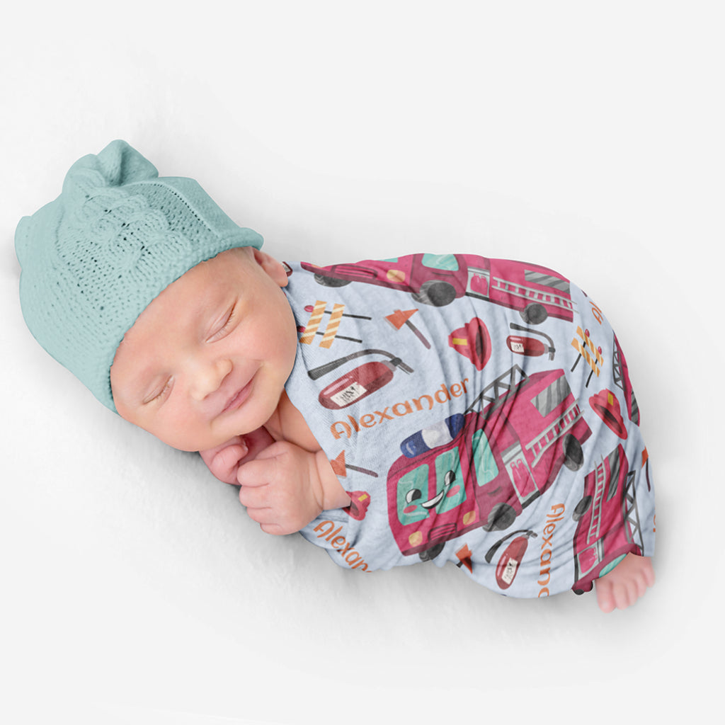 PERSONALIZED CUTE FIRE ENGINE SWADDLE BLANKET