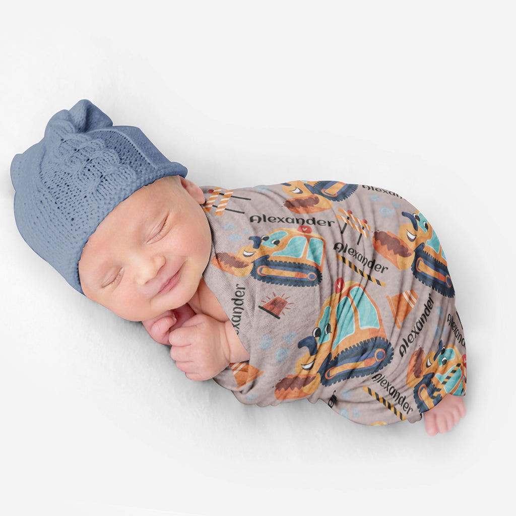 PERSONALIZED CUTE BULLDOZER SWADDLE BLANKET