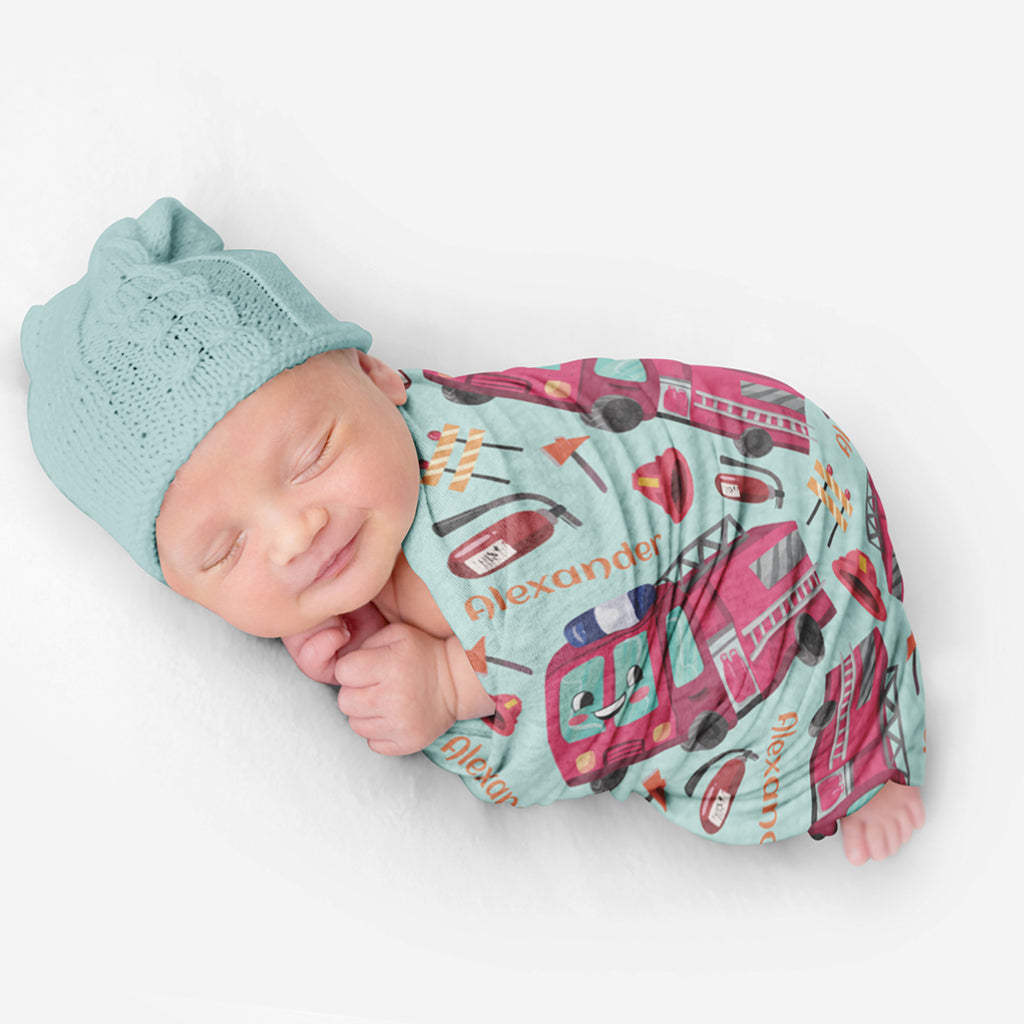 PERSONALIZED CUTE FIRE ENGINE SWADDLE BLANKET