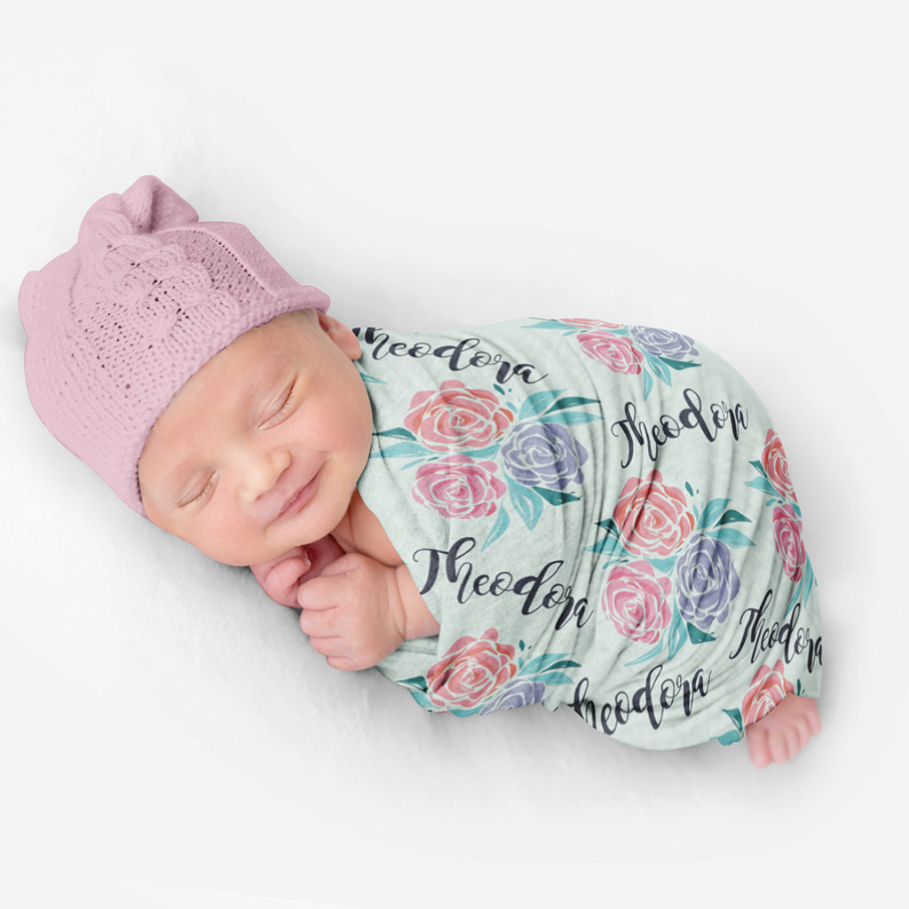 PERSONALIZED CUTE ROSES SWADDLE BLANKET