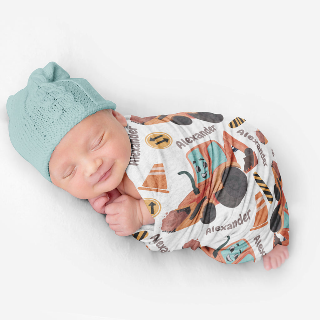 PERSONALIZED CUTE BACKHOE SWADDLE BLANKET