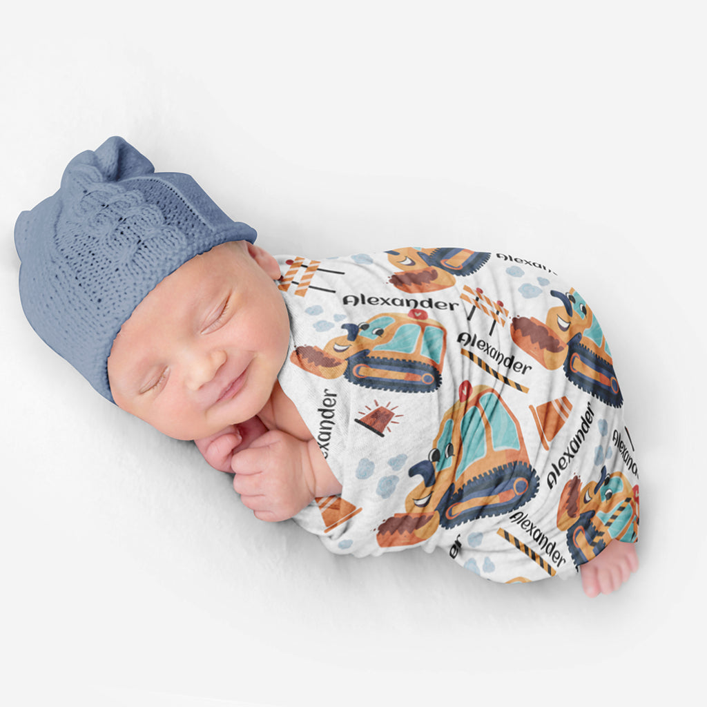 PERSONALIZED CUTE BULLDOZER SWADDLE BLANKET