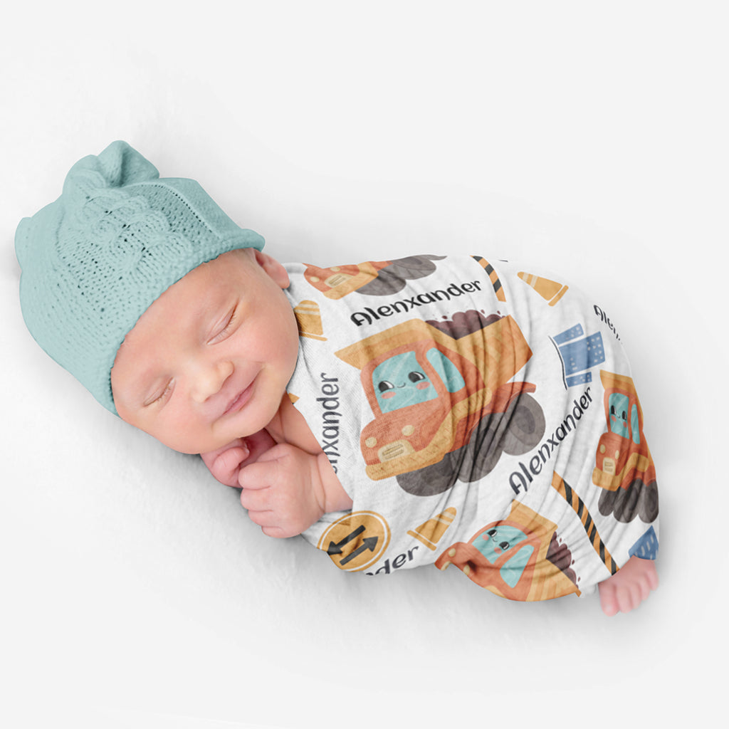PERSONALIZED CUTE DUMP TRUCK SWADDLE BLANKET