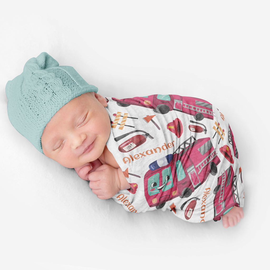 PERSONALIZED CUTE FIRE ENGINE SWADDLE BLANKET