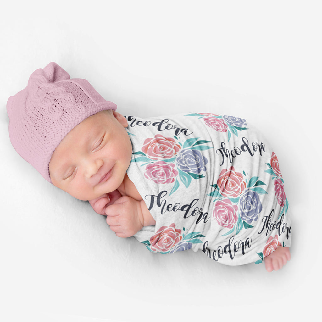 PERSONALIZED CUTE ROSES SWADDLE BLANKET