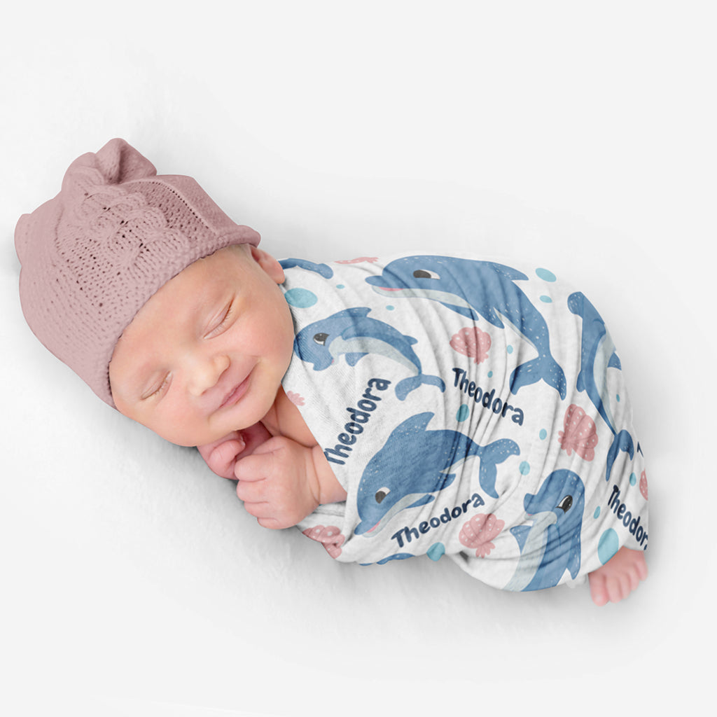 PERSONALIZED CUTE DOLPHIN SWADDLE BLANKET