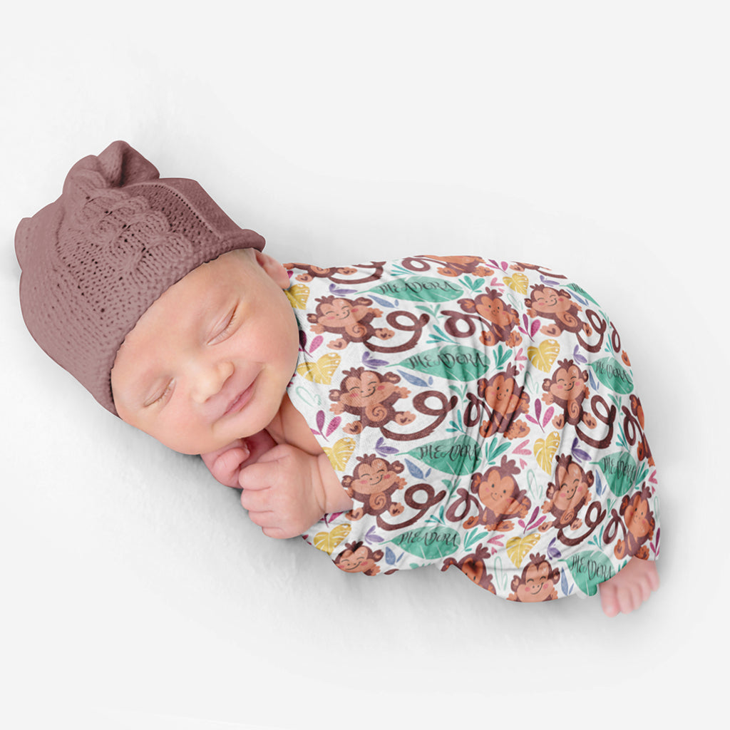 PERSONALIZED CUTE MONKEY SWADDLE BLANKET