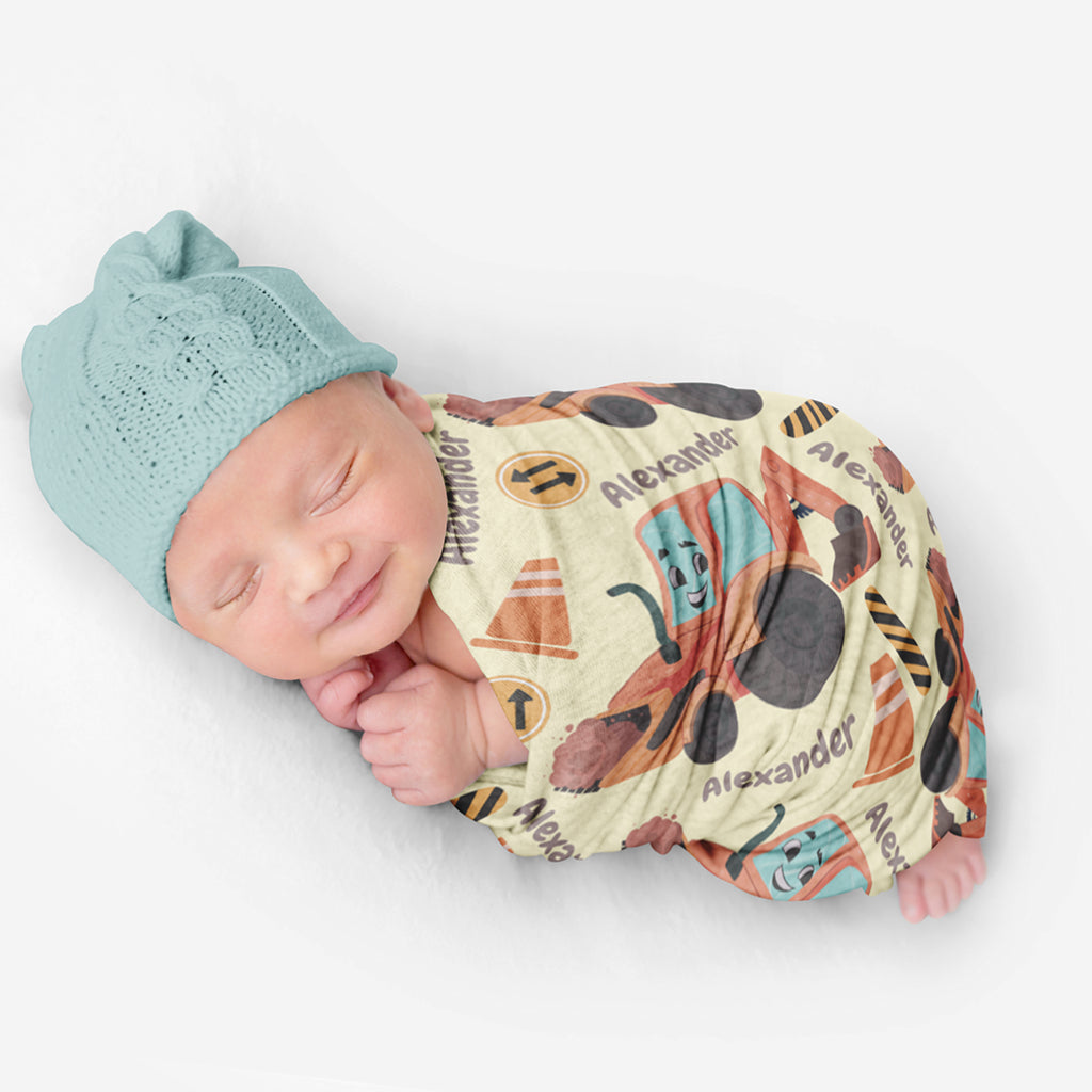 PERSONALIZED CUTE BACKHOE SWADDLE BLANKET