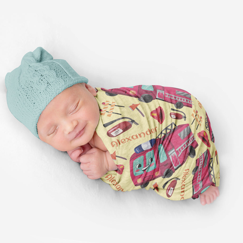 PERSONALIZED CUTE FIRE ENGINE SWADDLE BLANKET