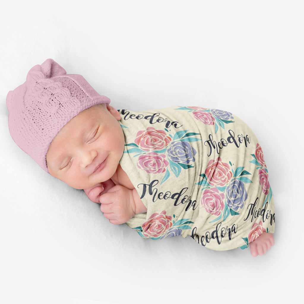 PERSONALIZED CUTE ROSES SWADDLE BLANKET