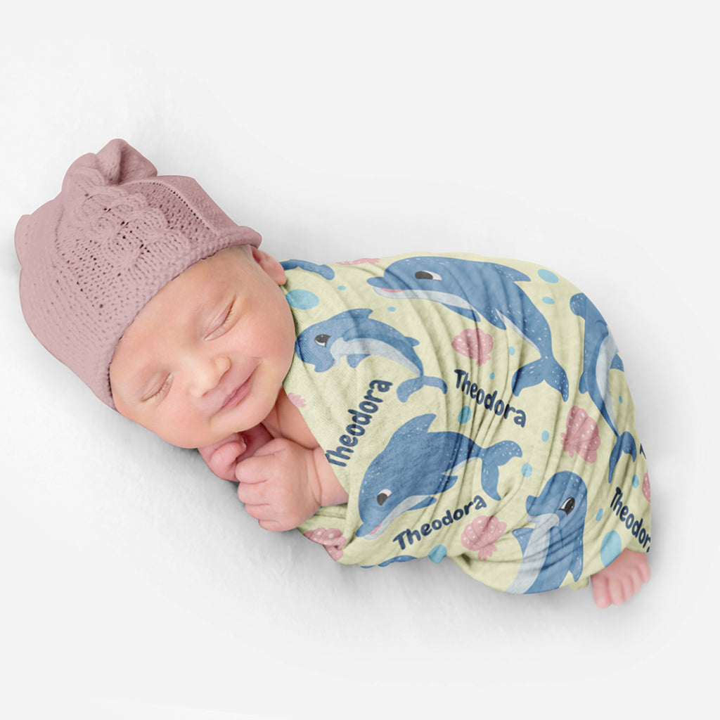 PERSONALIZED CUTE DOLPHIN SWADDLE BLANKET
