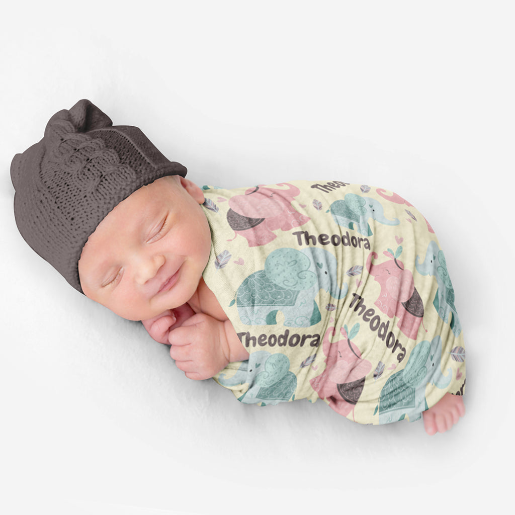 PERSONALIZED CUTE ELEPHANT SWADDLE BLANKET